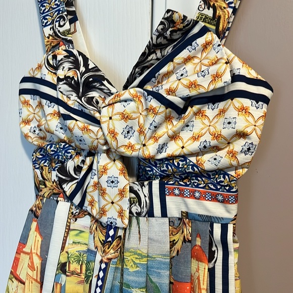 NWT ASOS Linen Bow Detail Cut Out Skater Dress in Postcard Print size 2 - Picture 4 of 13